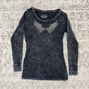 EXCH TO BE T Shirt Women's Grunge Rhinestone Angel Wings Black Y2K Shirt Size XS